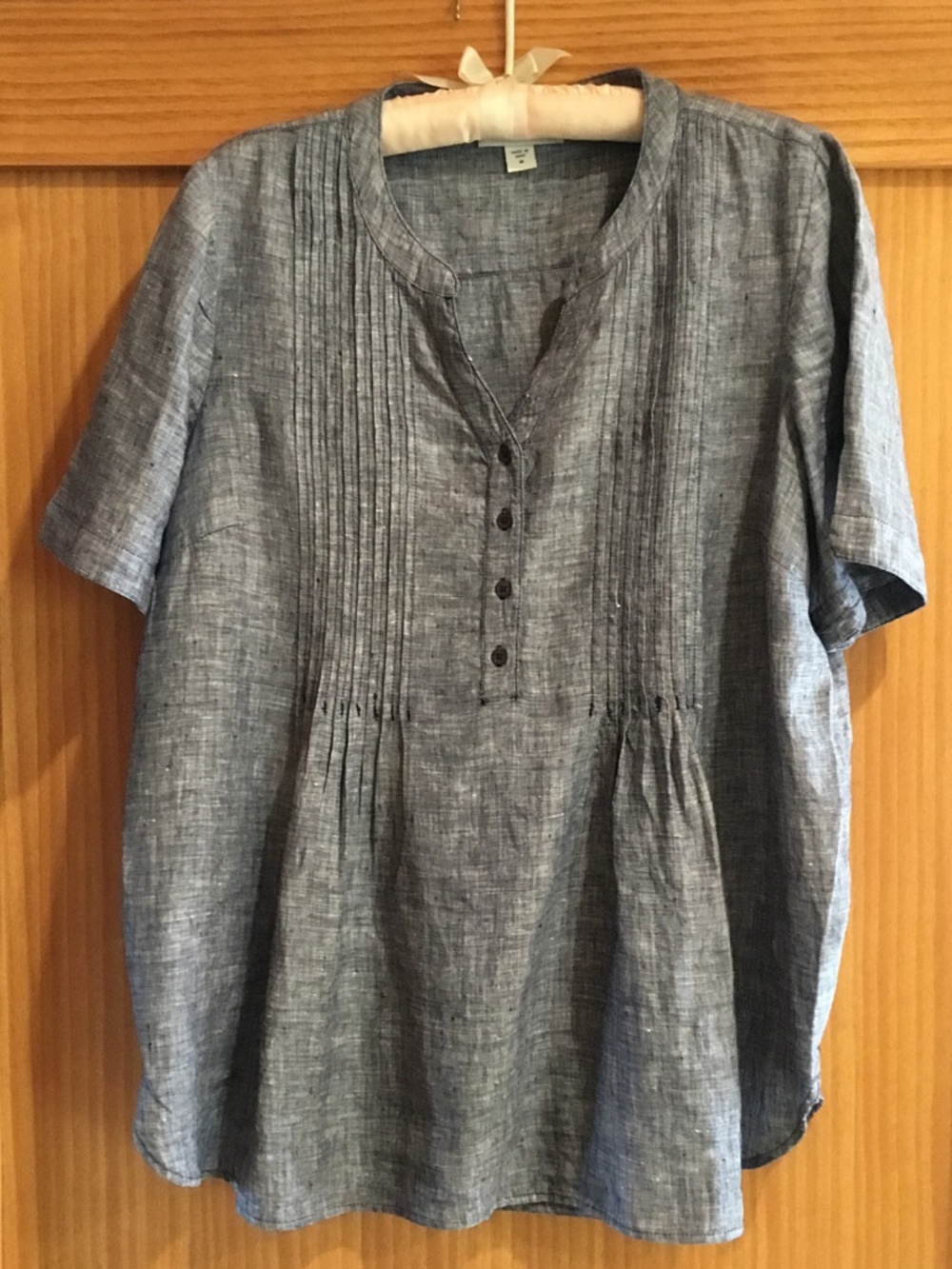 Coldwater Creek Light Dark Gray Linen Pintuck Peasant Top